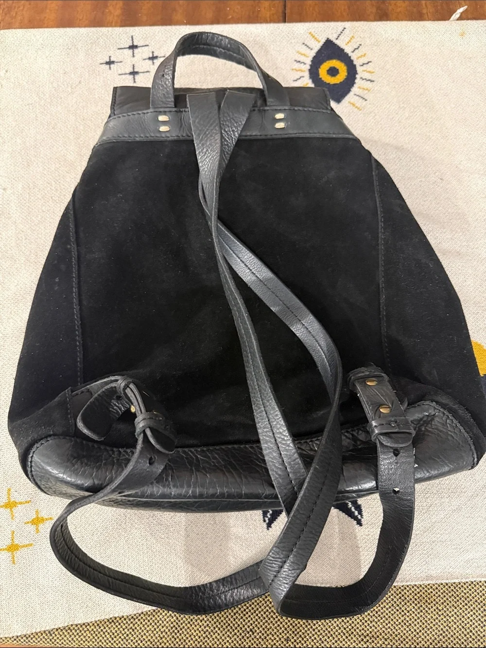 Black Leather + Suede Drawstring Backpack - Women’s Casual Bag